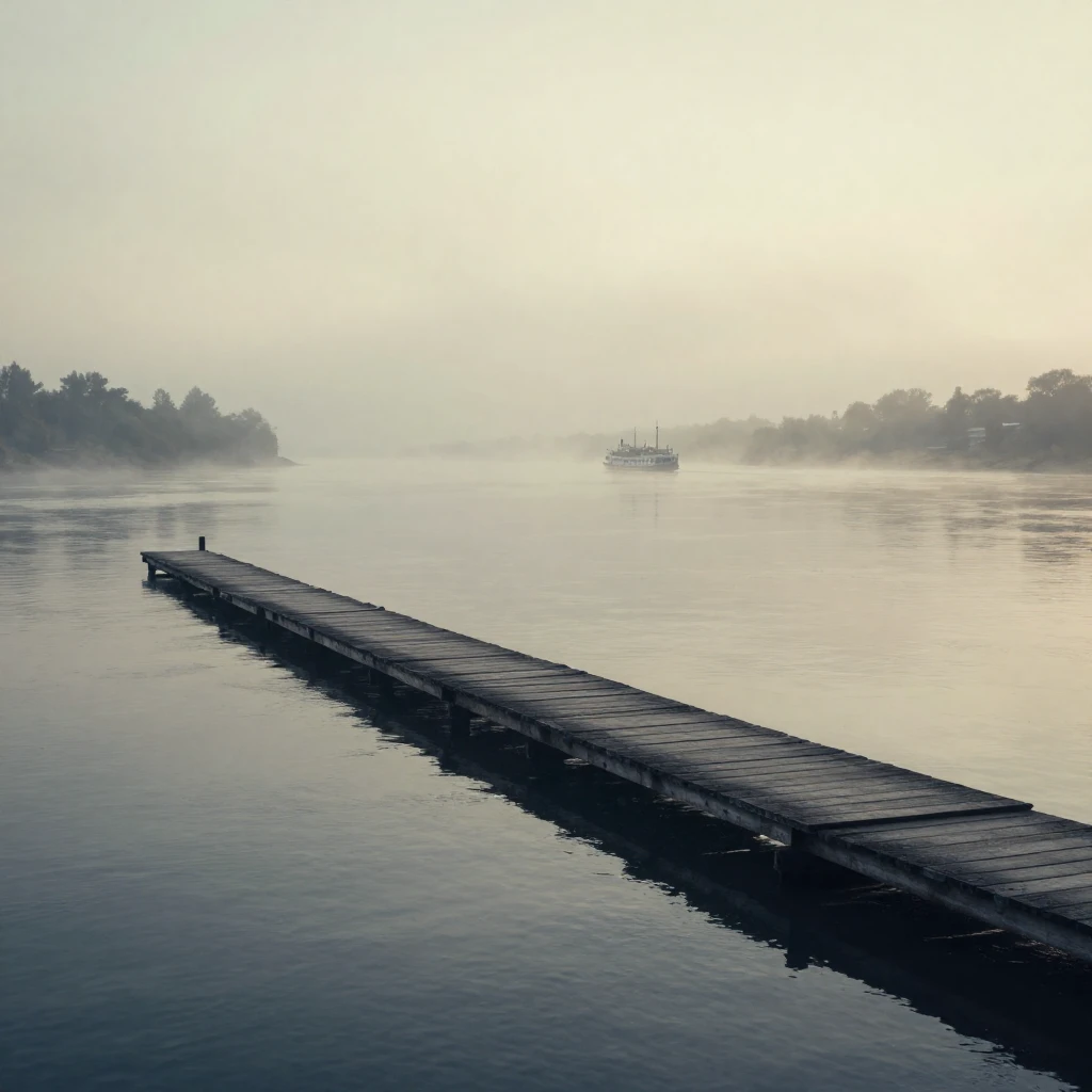 A wide shot of a northern river at dawn, with a long, old wo...