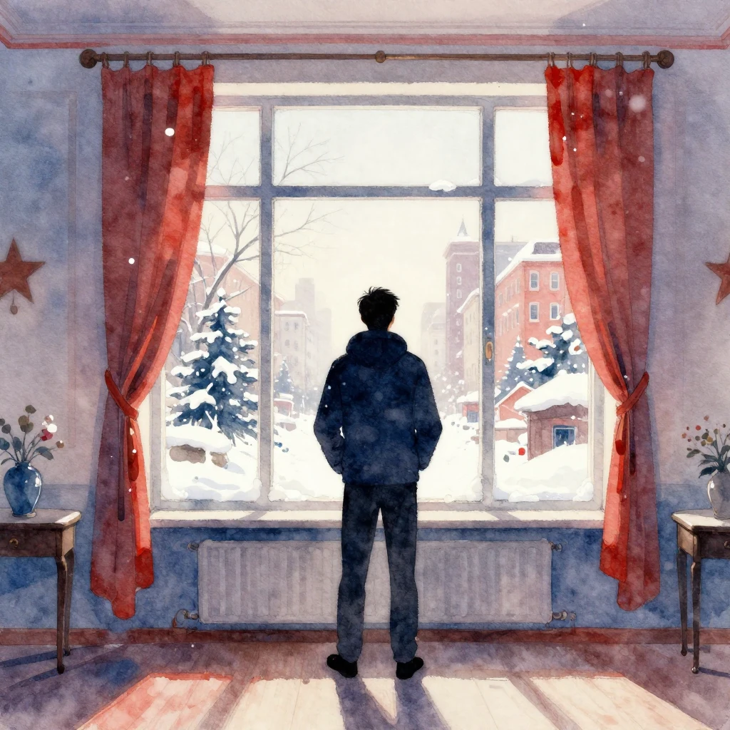 A watercolor painting from an interior perspective, showing ...