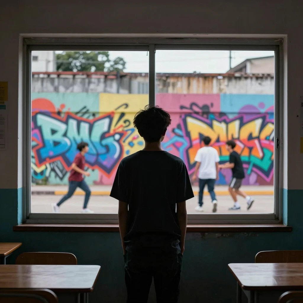 A stylized silhouette of a teenager looking out a classroom ...