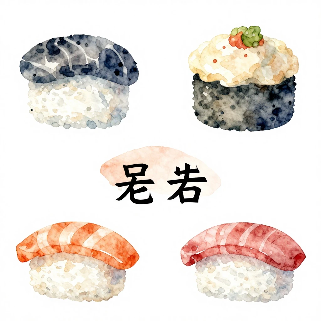 Watercolor style. Abstract sushi elements, stylized and arti...