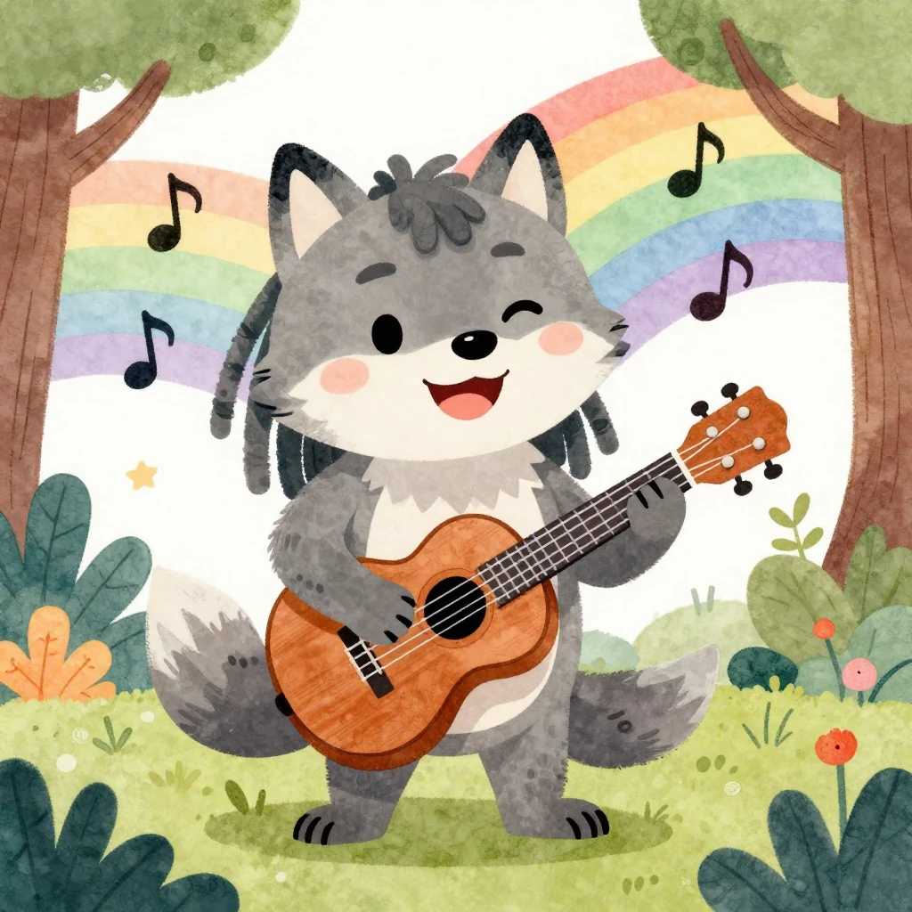 A cheerful cartoon wolf playing a ukulele, surrounded by vib...