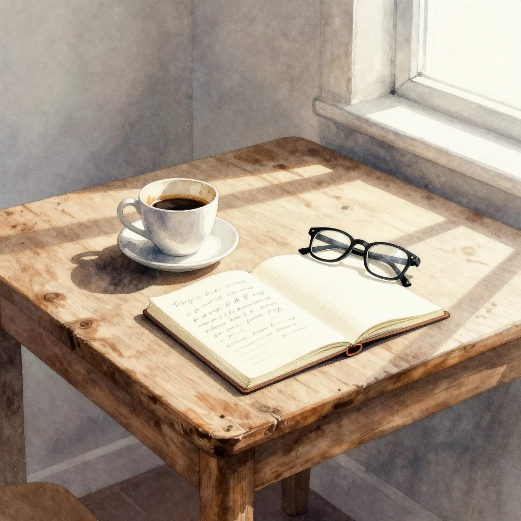 A watercolor painting of an old wooden table bathed in soft ...