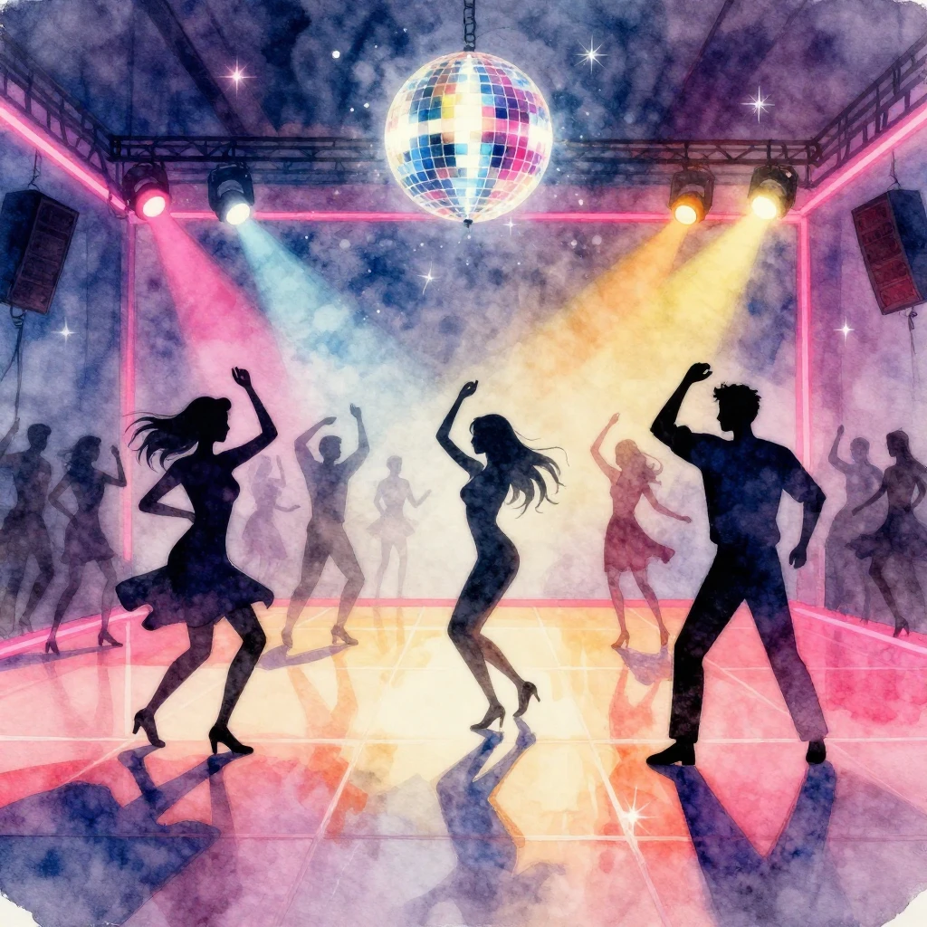 A watercolor illustration of a vibrant dance floor. Neon lig...