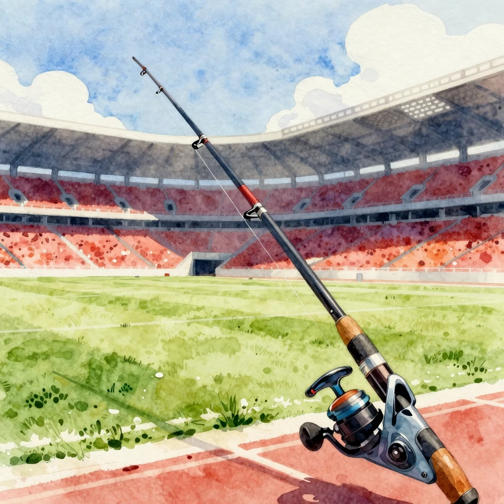 Vibrant watercolor style. Football stadium and a fishing rod...