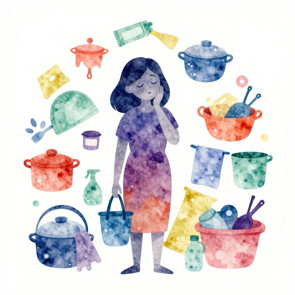 A minimalist watercolor silhouette of a tired mother, overwh...