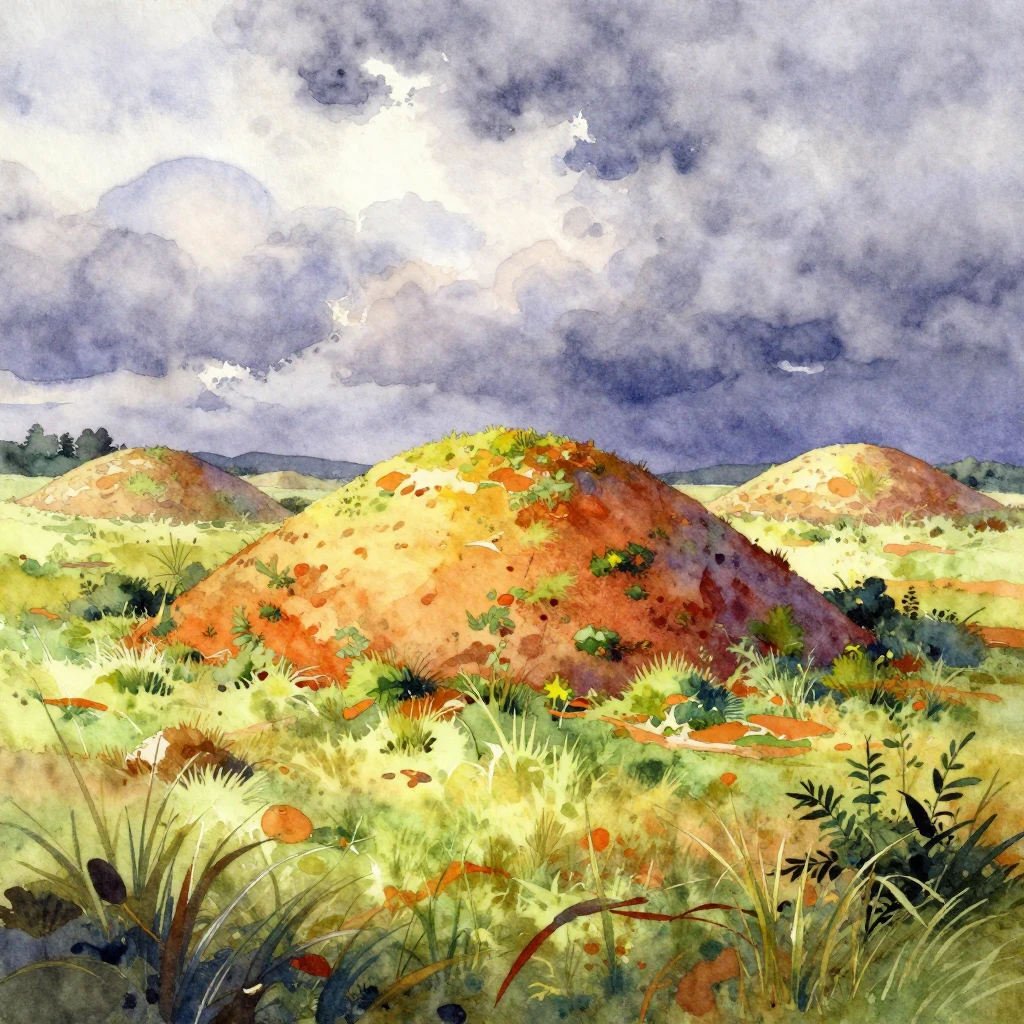 Vibrant watercolor painting of ancient burial mounds set wit...