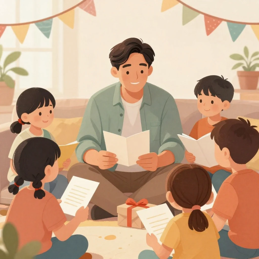 A warm, illustrative scene of a family celebrating Father's ...