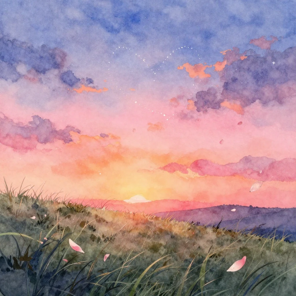 A watercolor painting of a magical sunset over a grassy hill...