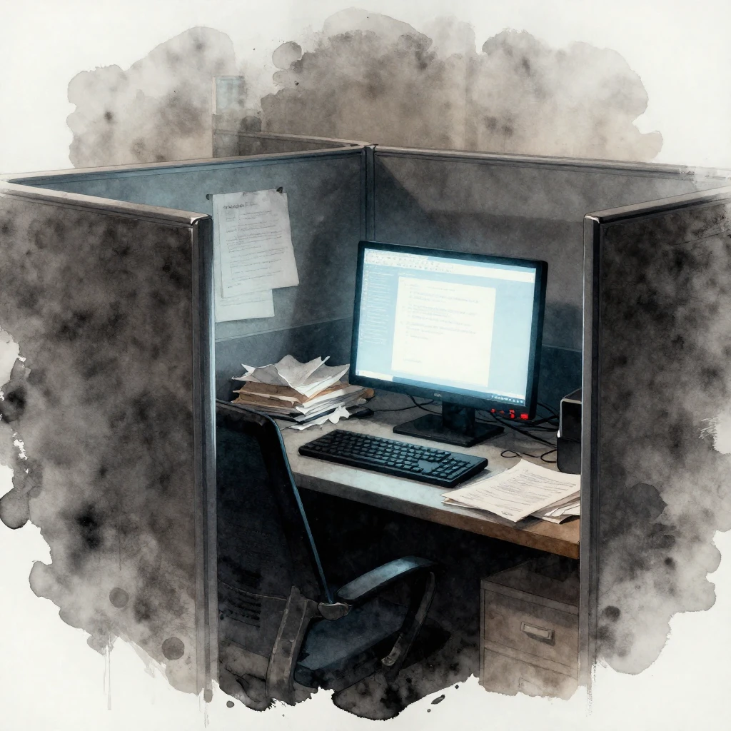A dark, claustrophobic office cubicle, bathed in the cold gl...