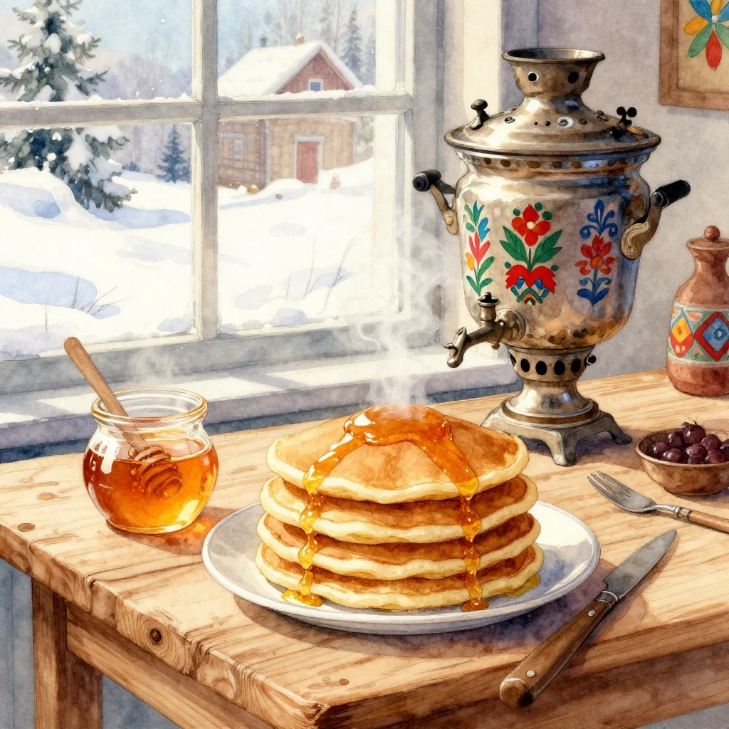 Watercolor style. A rustic wooden table with a large stack o...