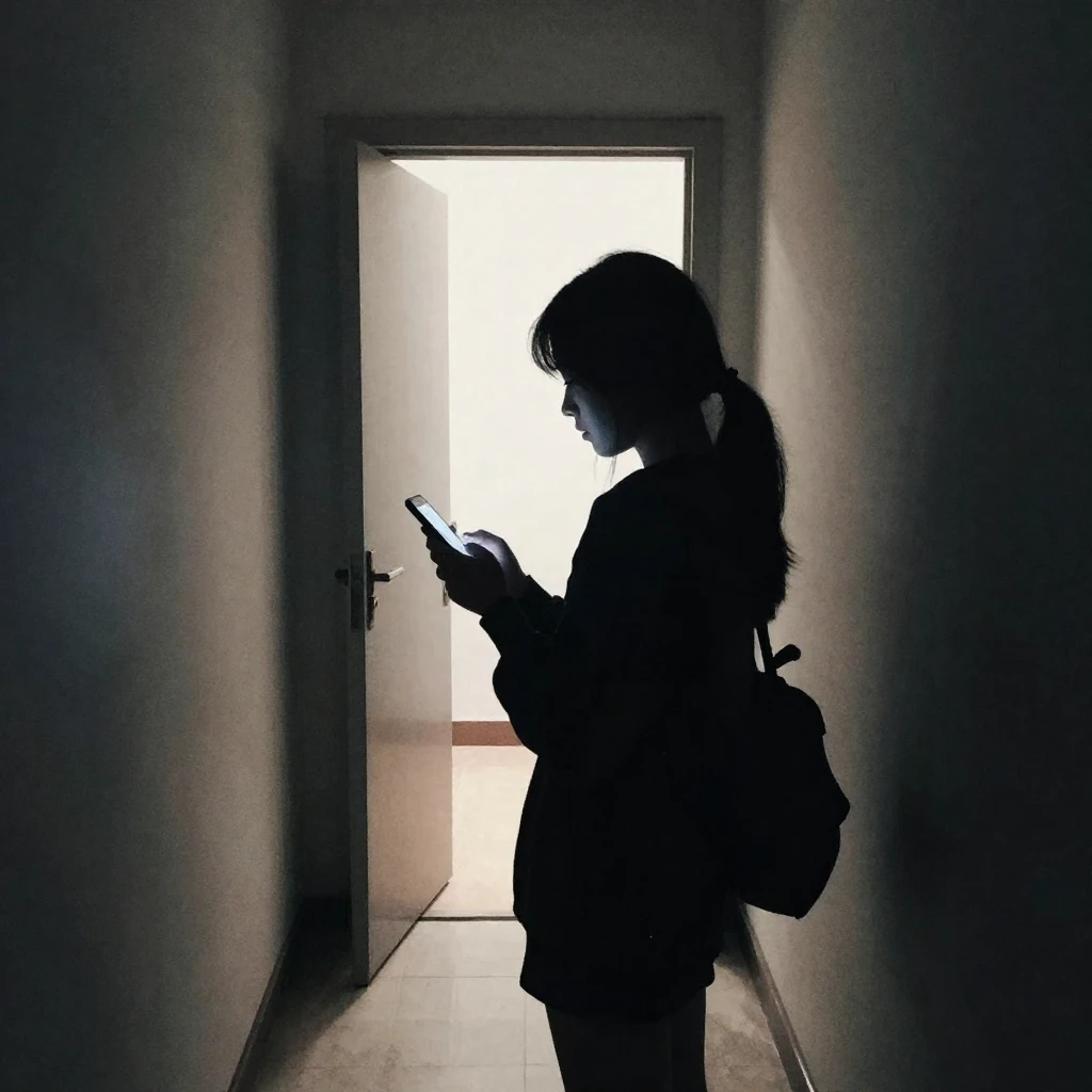 A dark silhouette of a girl holding a glowing smartphone in ...