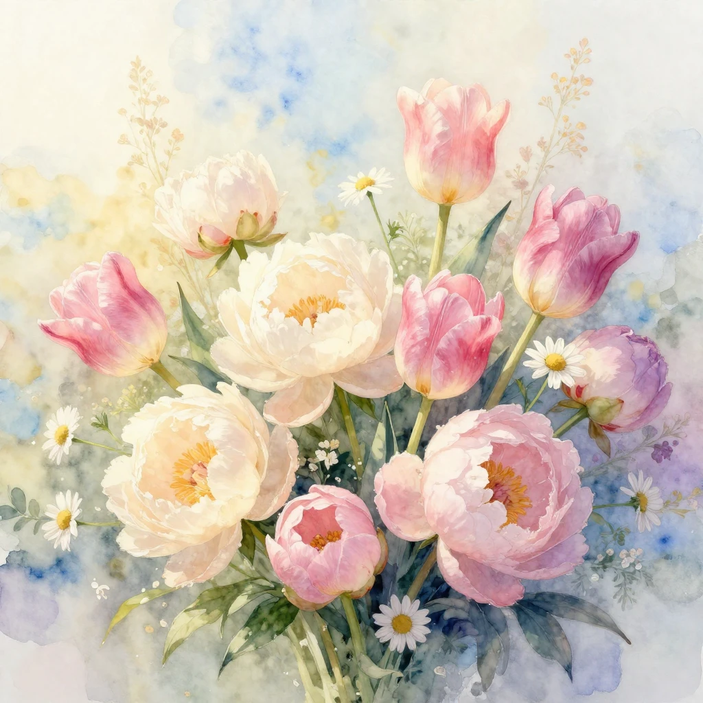 A soft and romantic watercolor painting of a lush, artistic ...