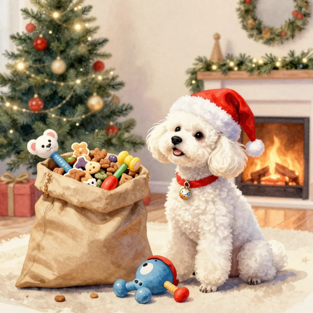 A fluffy white poodle wearing a small Santa hat, looking up ...
