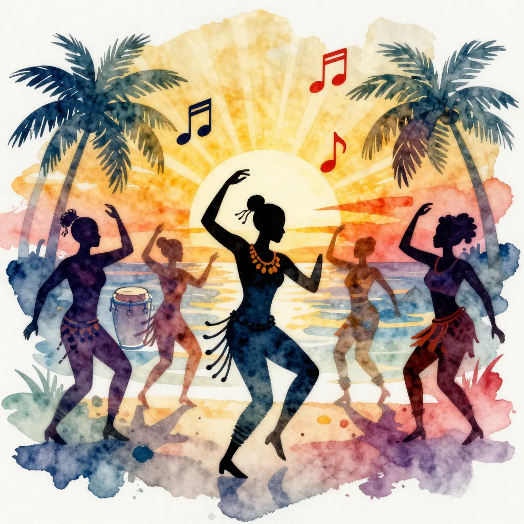 A vibrant abstract Afro-Cuban celebration in watercolor styl...