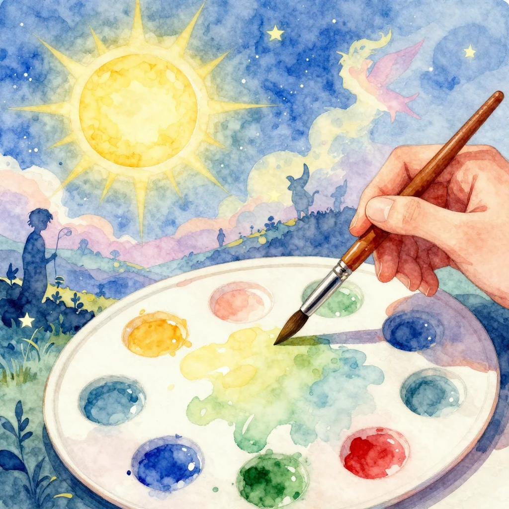A vibrant watercolor illustration of an artist's palette wit...