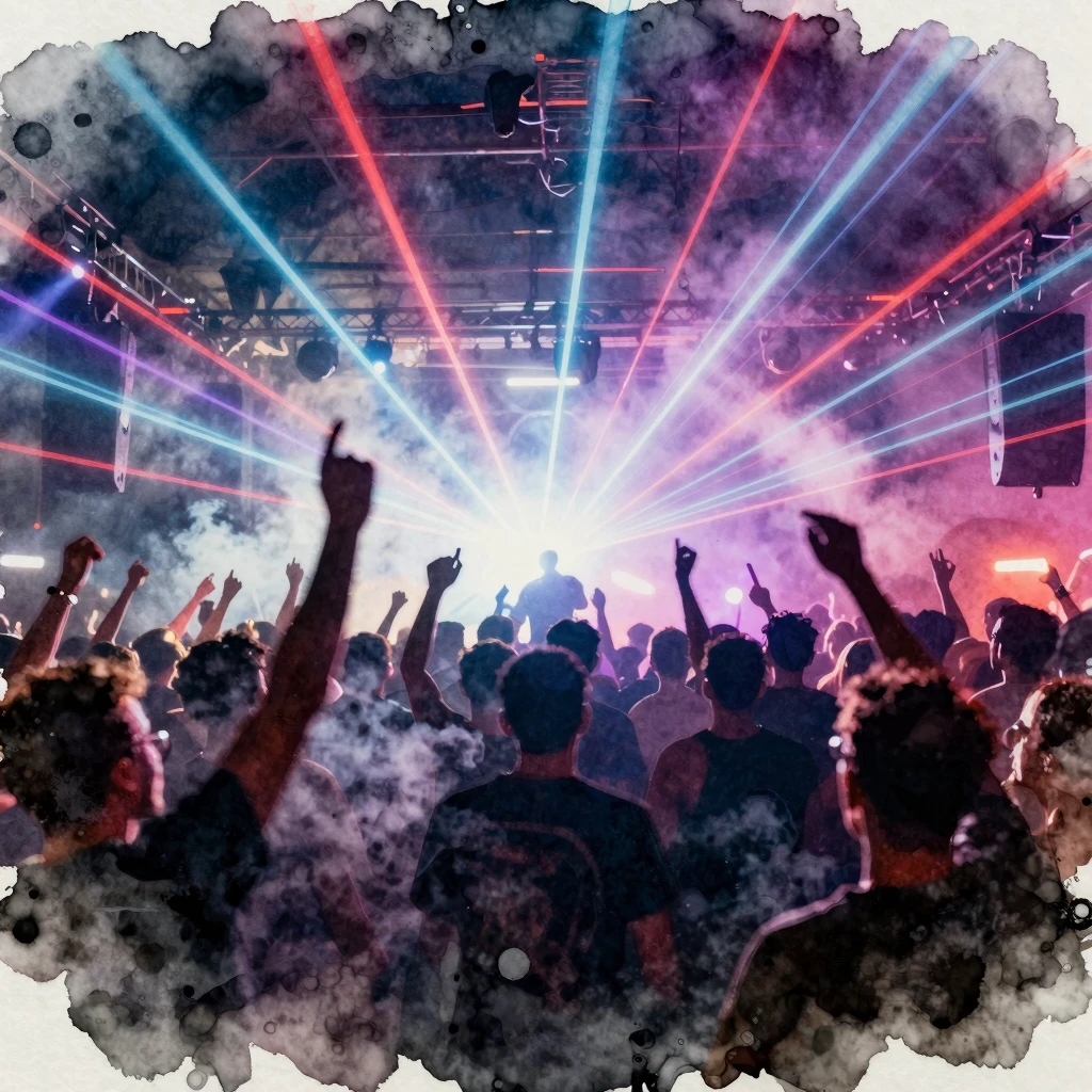 Vibrant watercolor style. Energetic EDM club scene, crowd si...