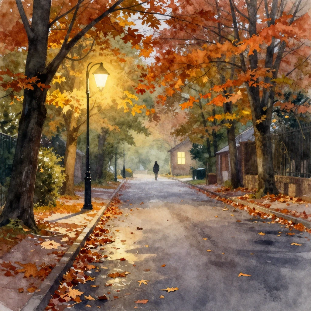 A quiet, lonely street in autumn, with wet asphalt and numer...