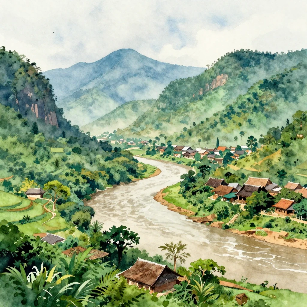 A vibrant watercolor landscape of Laos, featuring lush green...