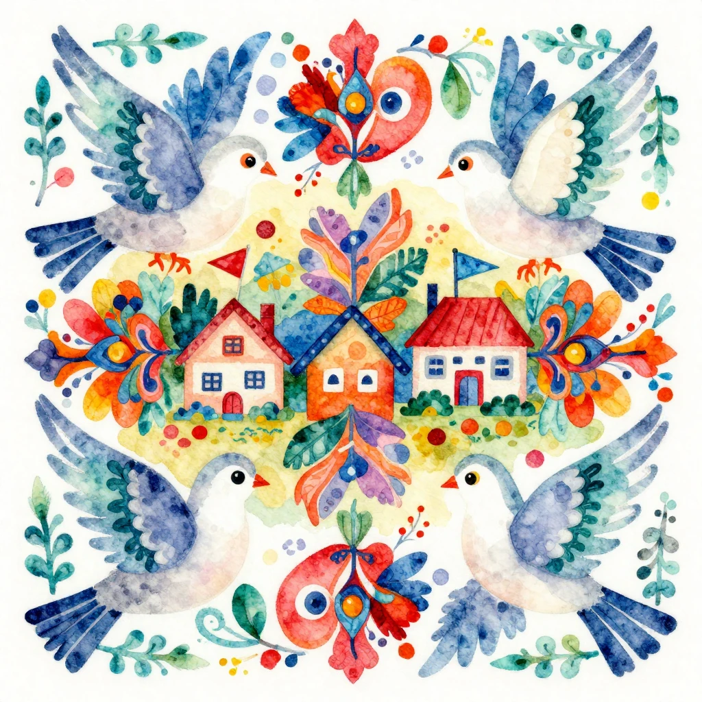 A vibrant watercolor folk art illustration of stylized doves...