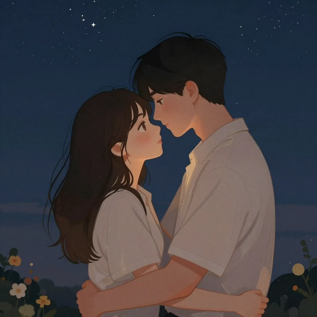 A tender illustration of a couple embracing under a starry s...