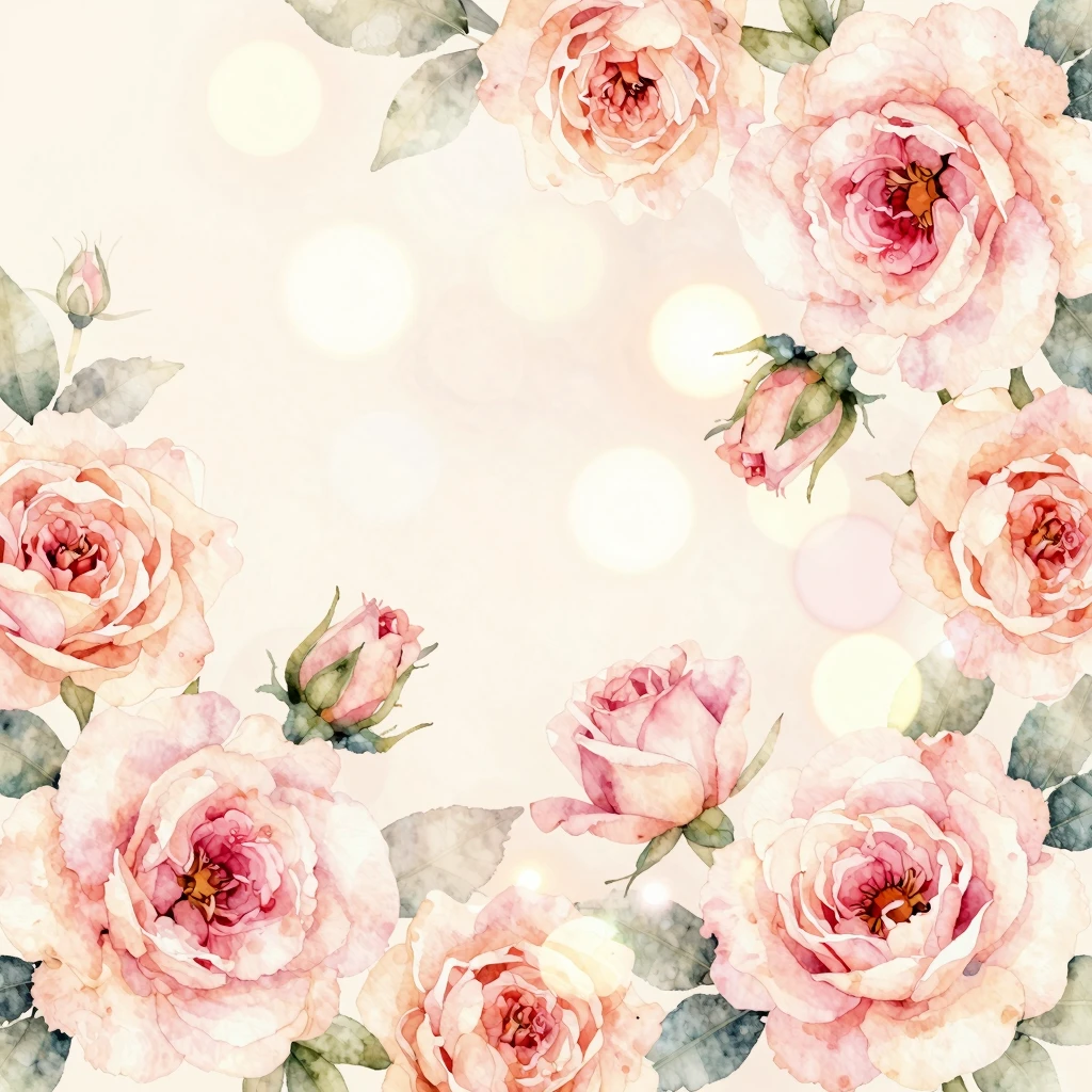 Watercolor style floral background with soft pastel roses, b...