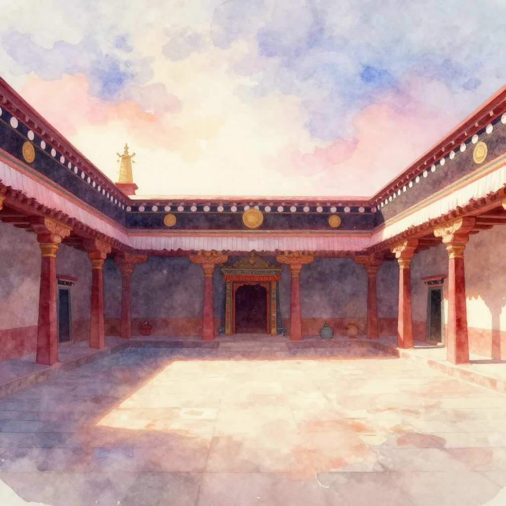 A peaceful monastery cell interior, empty but bathed in soft...