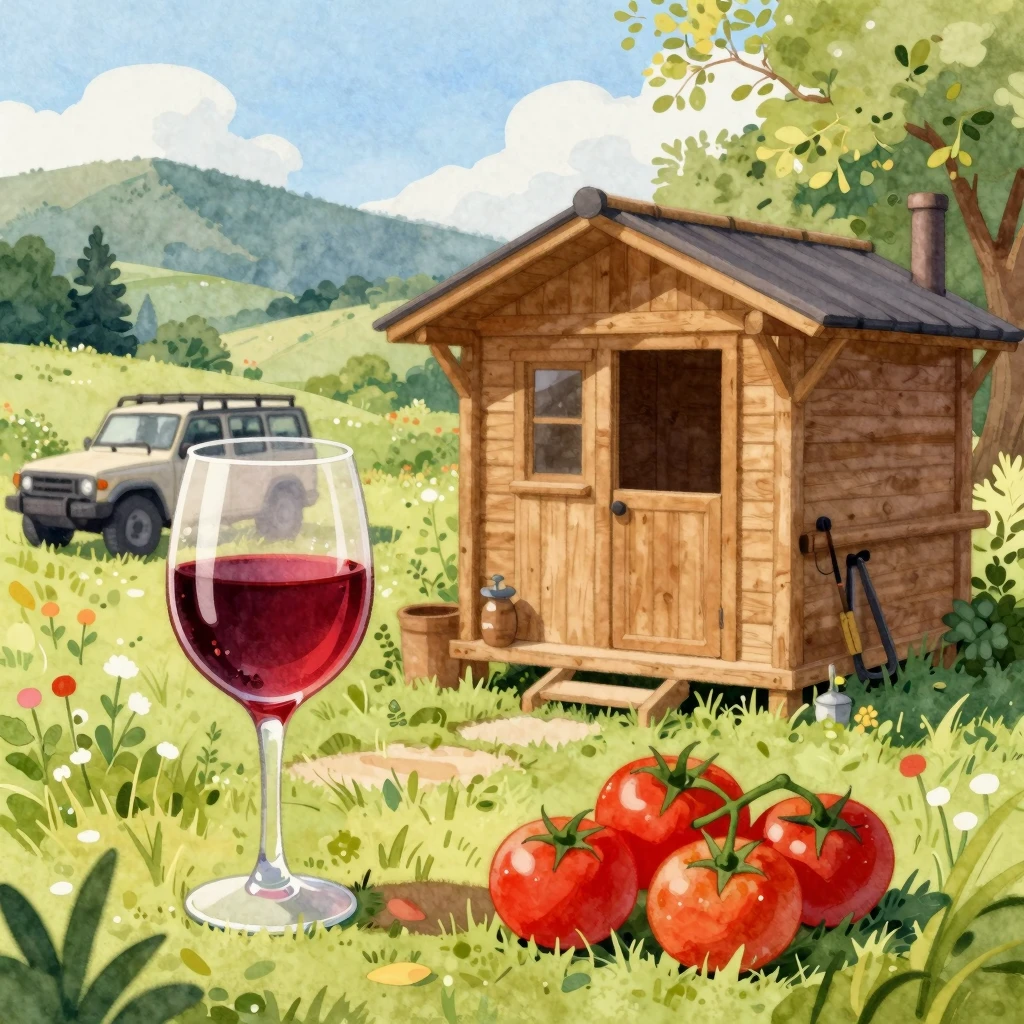 Watercolor style countryside scene with a glass of homemade ...