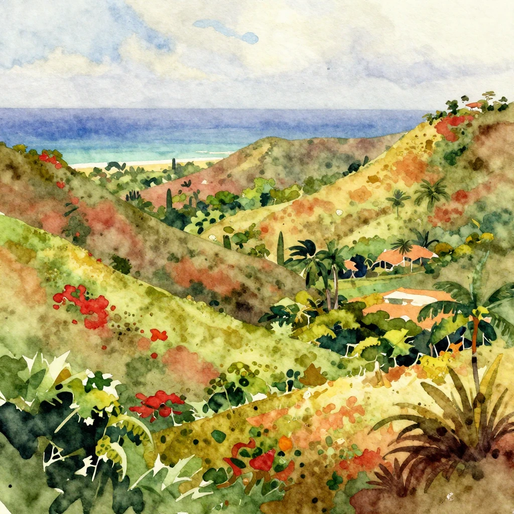 Vibrant watercolor style. Sun-drenched Jamaican landscape wi...