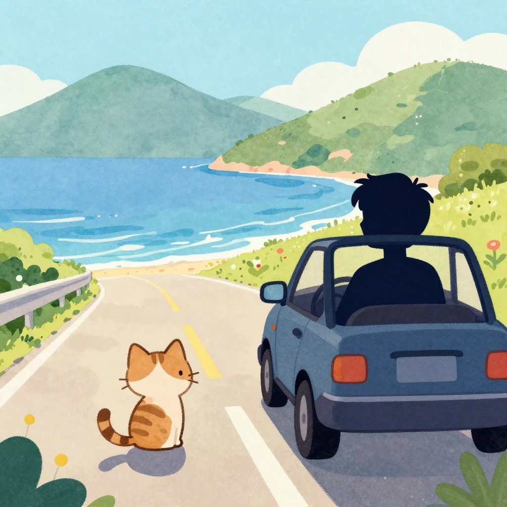 Vibrant watercolor style. A cute kitten and a silhouette of ...