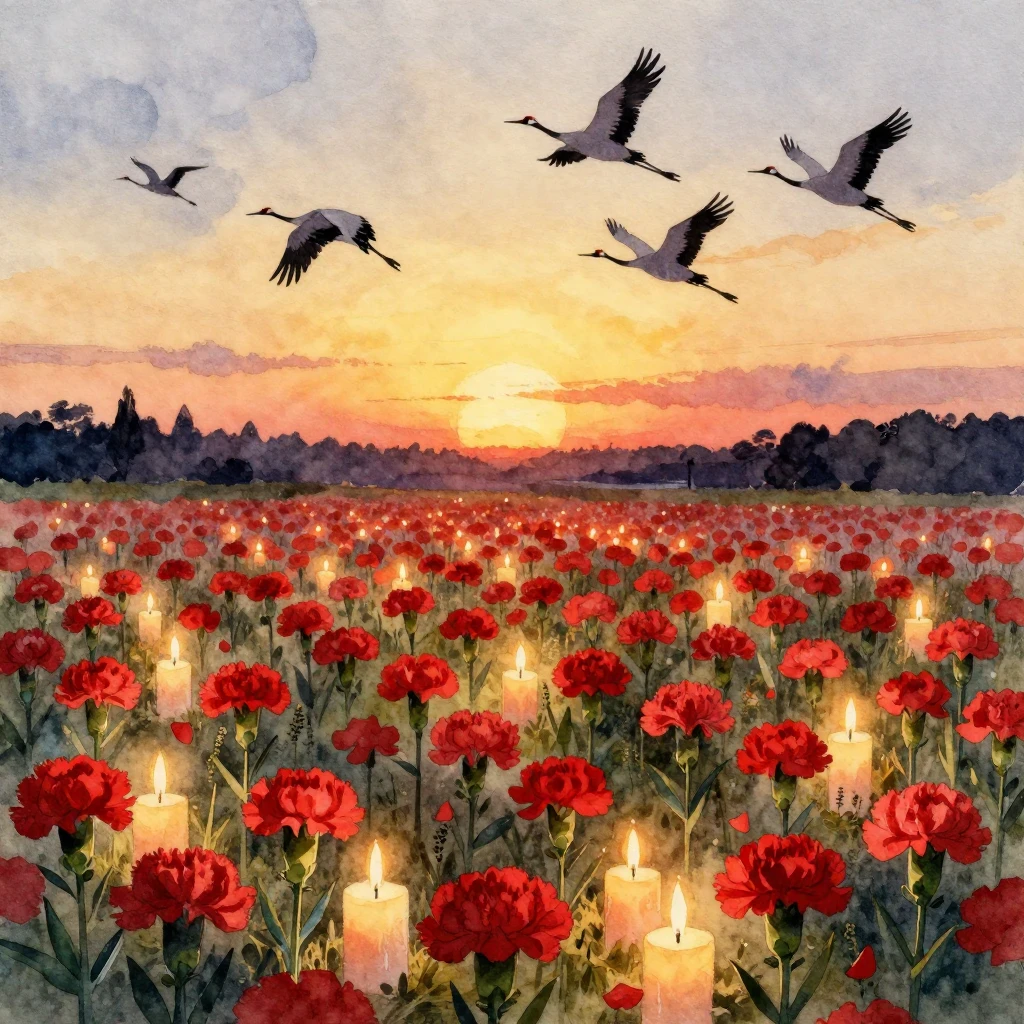 A watercolor painting depicting a solemn memorial scene at t...