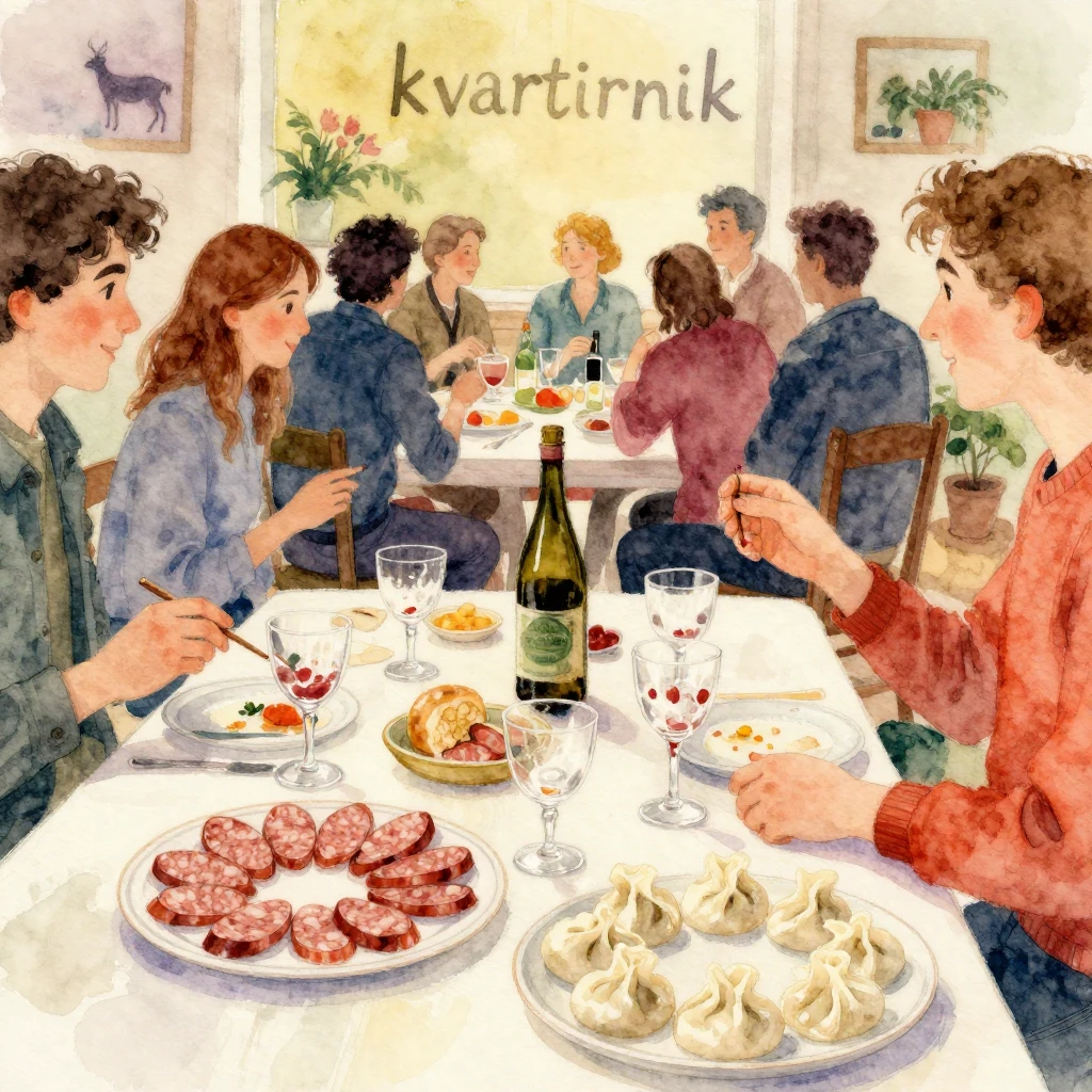 Vibrant watercolor style. A cozy, lively 'kvartirnik' (home ...