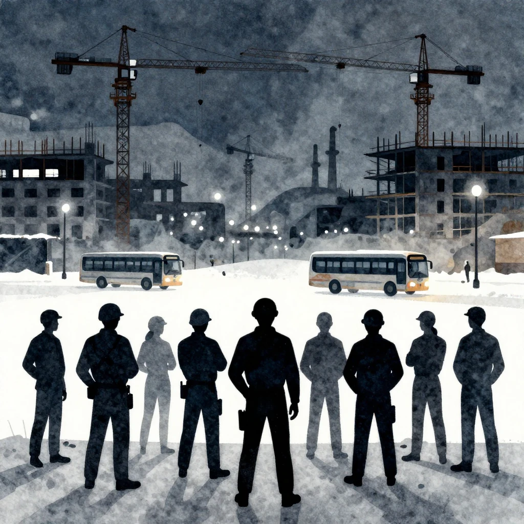 A stylized, gritty watercolor illustration of a snowy, indus...