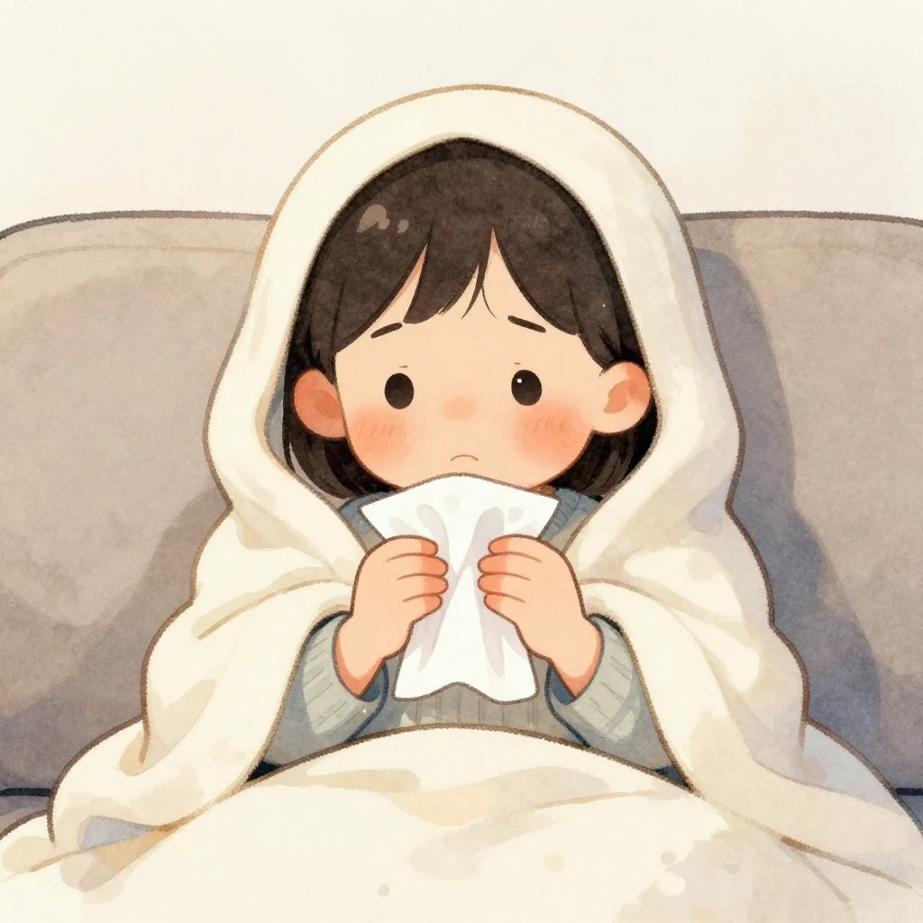 A tender watercolor illustration of a small child with flush...