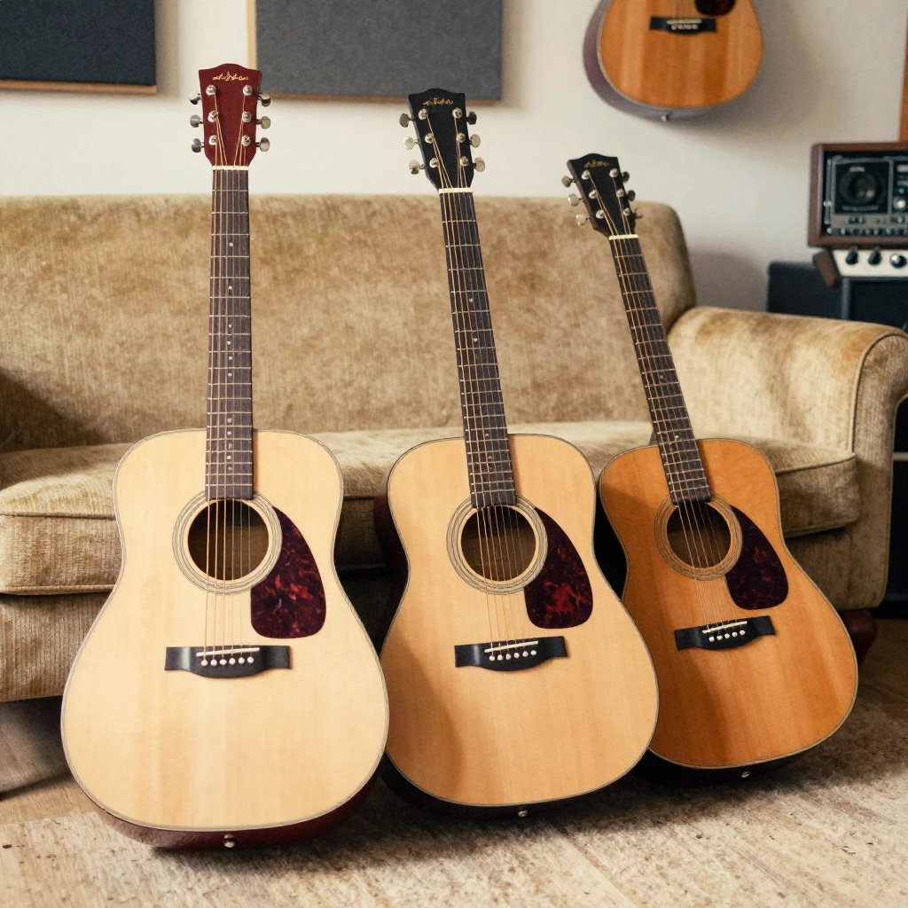 Three acoustic guitars leaning against a vintage sofa in a m...