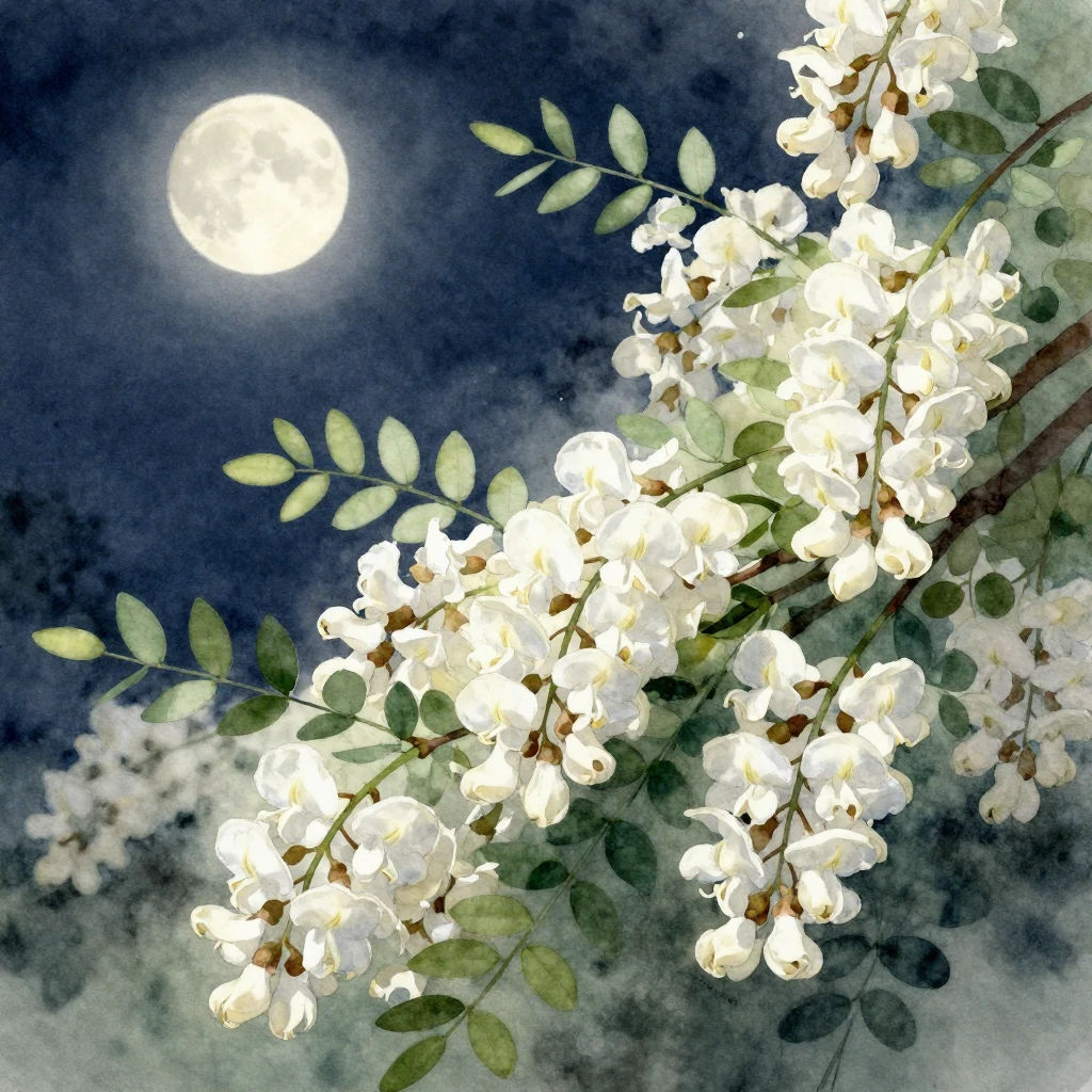 Lush white acacia blossoms under a moonlit night sky, with s...