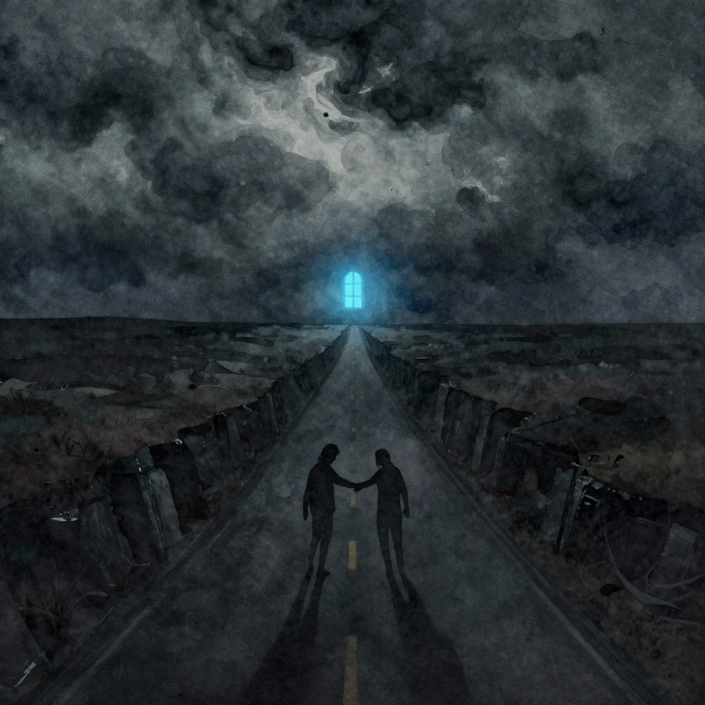 A vast, dark, atmospheric landscape with a single, distant, ...