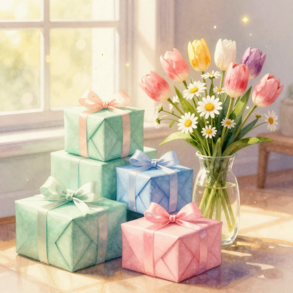 A stack of beautifully wrapped gift boxes in soft pastel col...