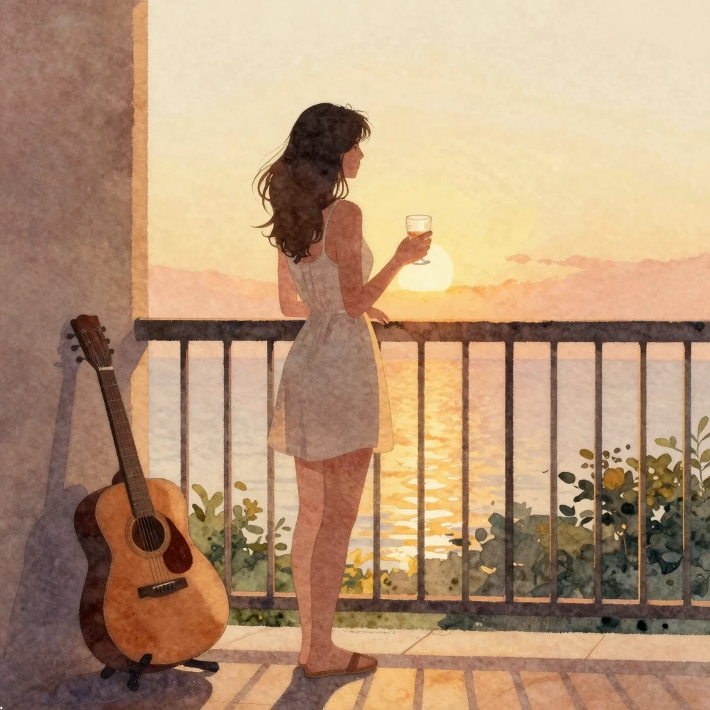 Watercolor painting of a silhouette of a woman standing on a...