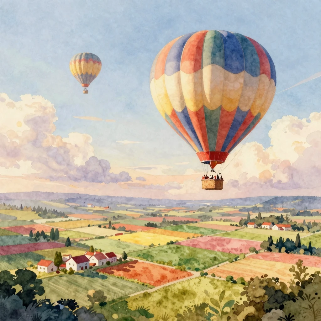 A dreamy watercolor painting of a hot air balloon floating a...