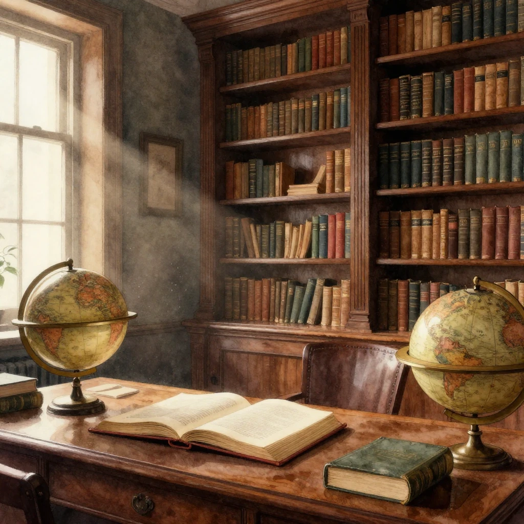 A dark academia library, watercolor style, with tall wooden ...