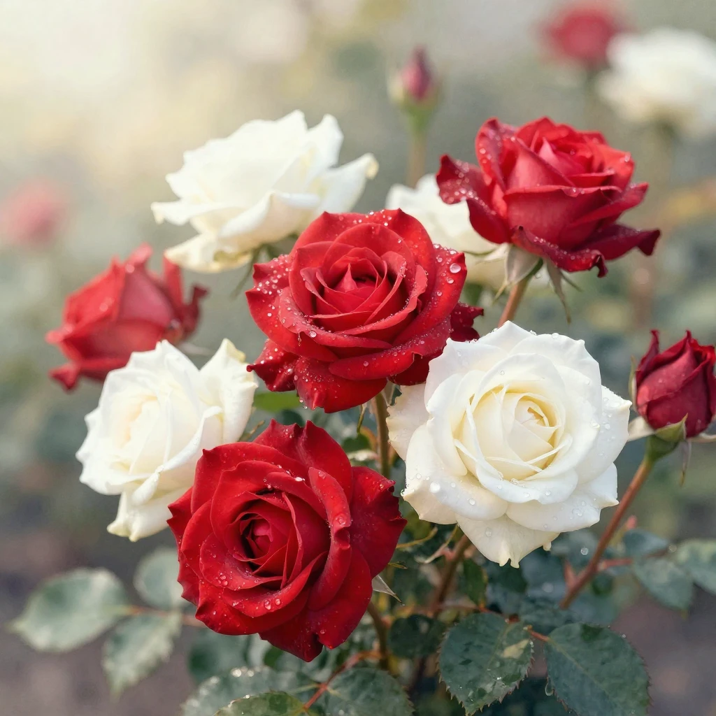 Close-up of blooming red and white roses with dew drops on p...