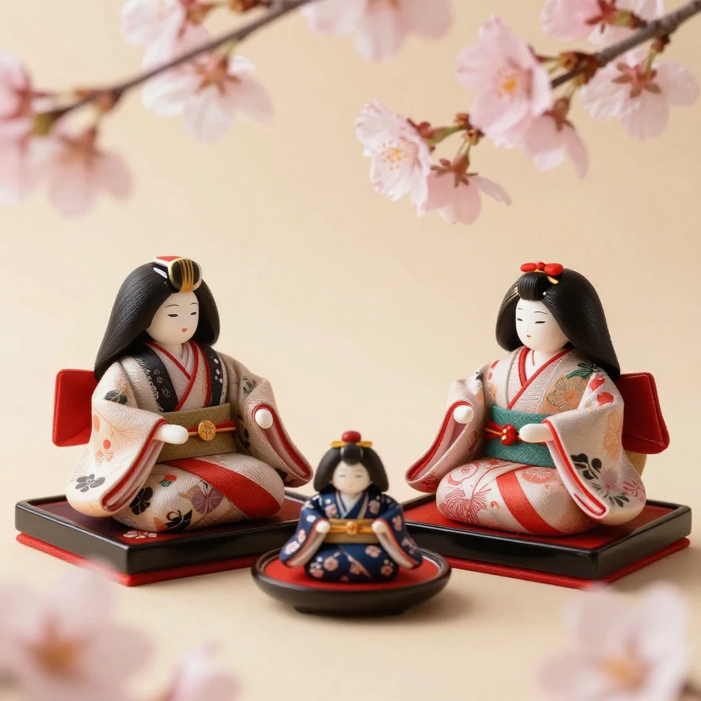 A serene scene depicting traditional Japanese Hina dolls, su...
