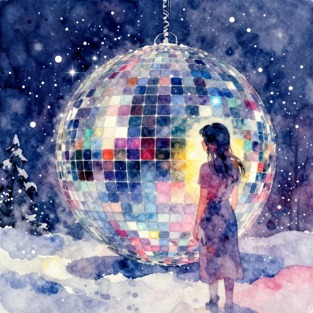 Vibrant watercolor style. Disco album art, winter night, sno...