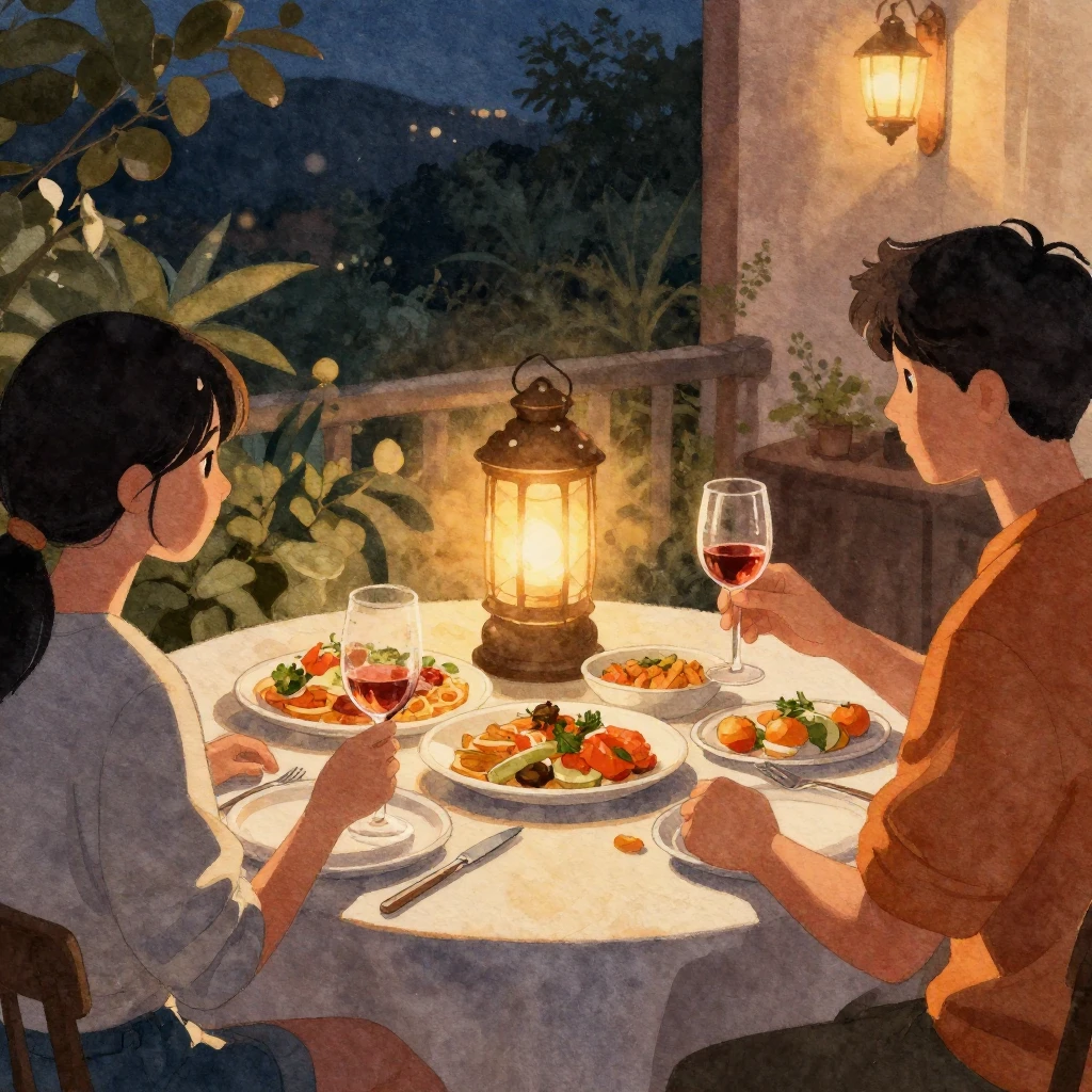 A warm watercolor illustration of an intimate dinner setting...