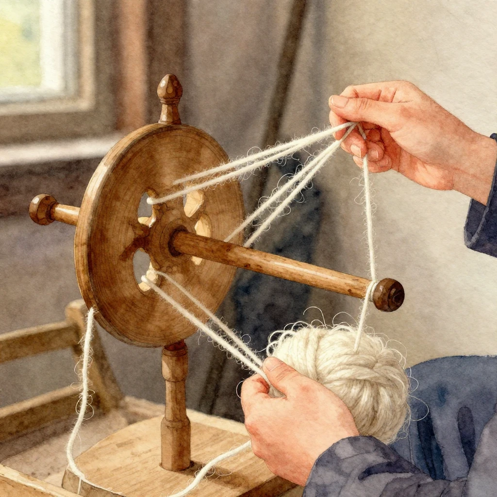 Watercolor illustration of hands spinning wool on a traditio...