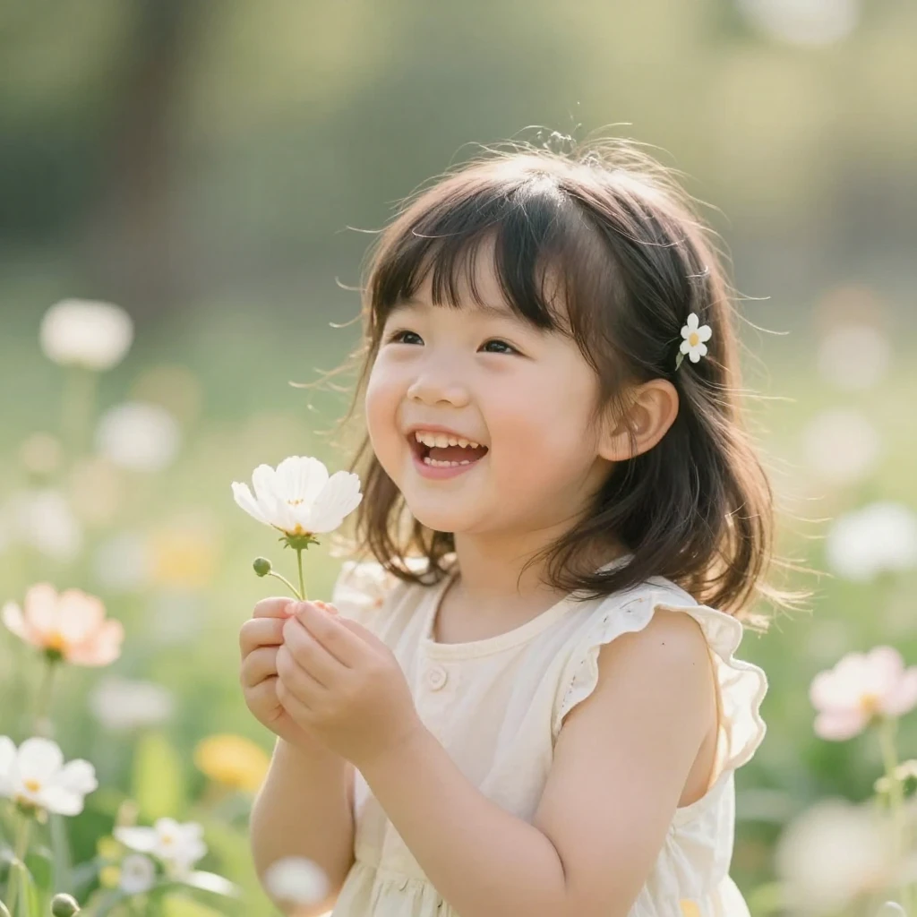 A joyful scene of a young girl surrounded by soft light and ...