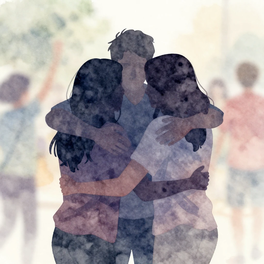 A watercolor illustration focusing on the silhouettes of two...