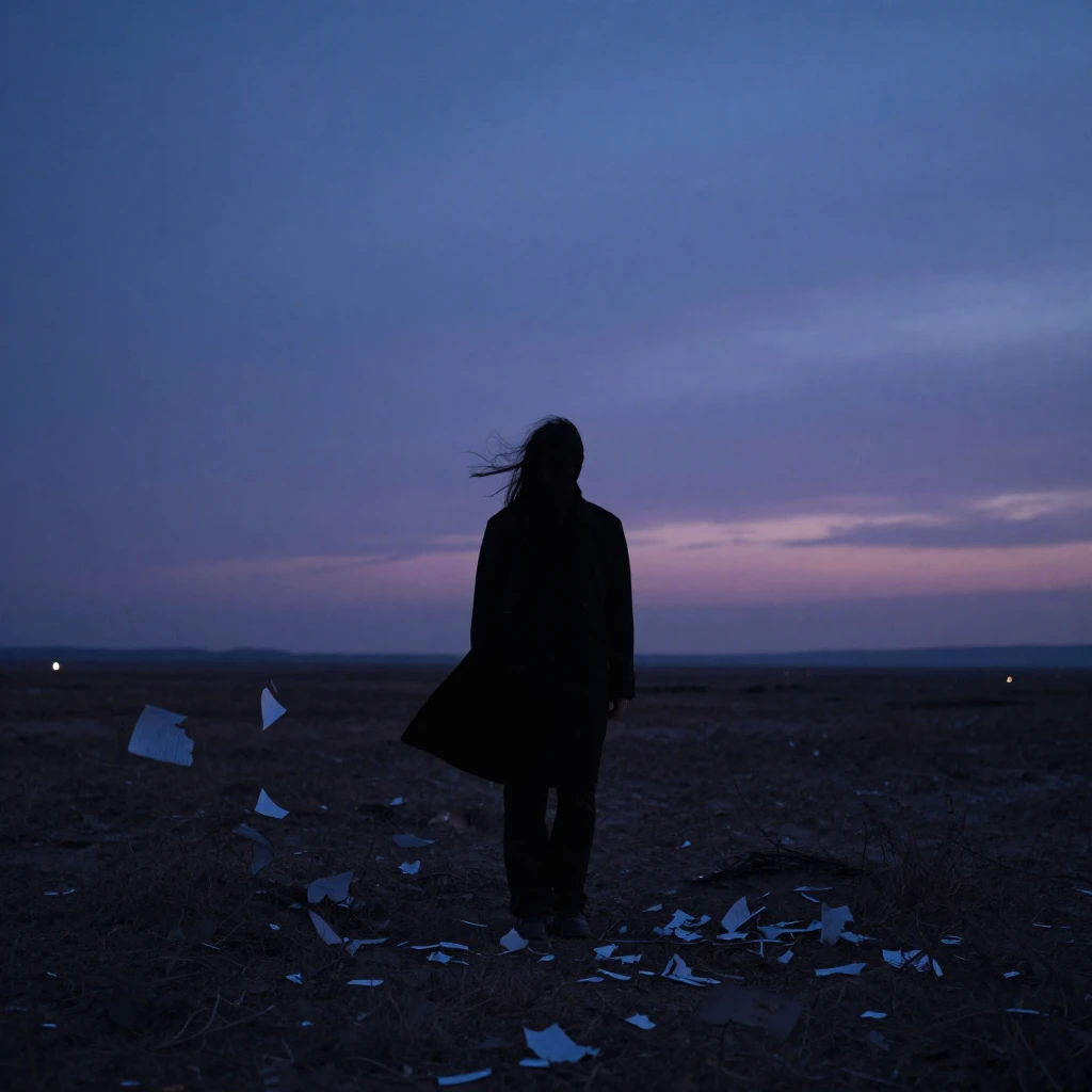 A lone, silhouetted figure stands on a desolate, windswept p...