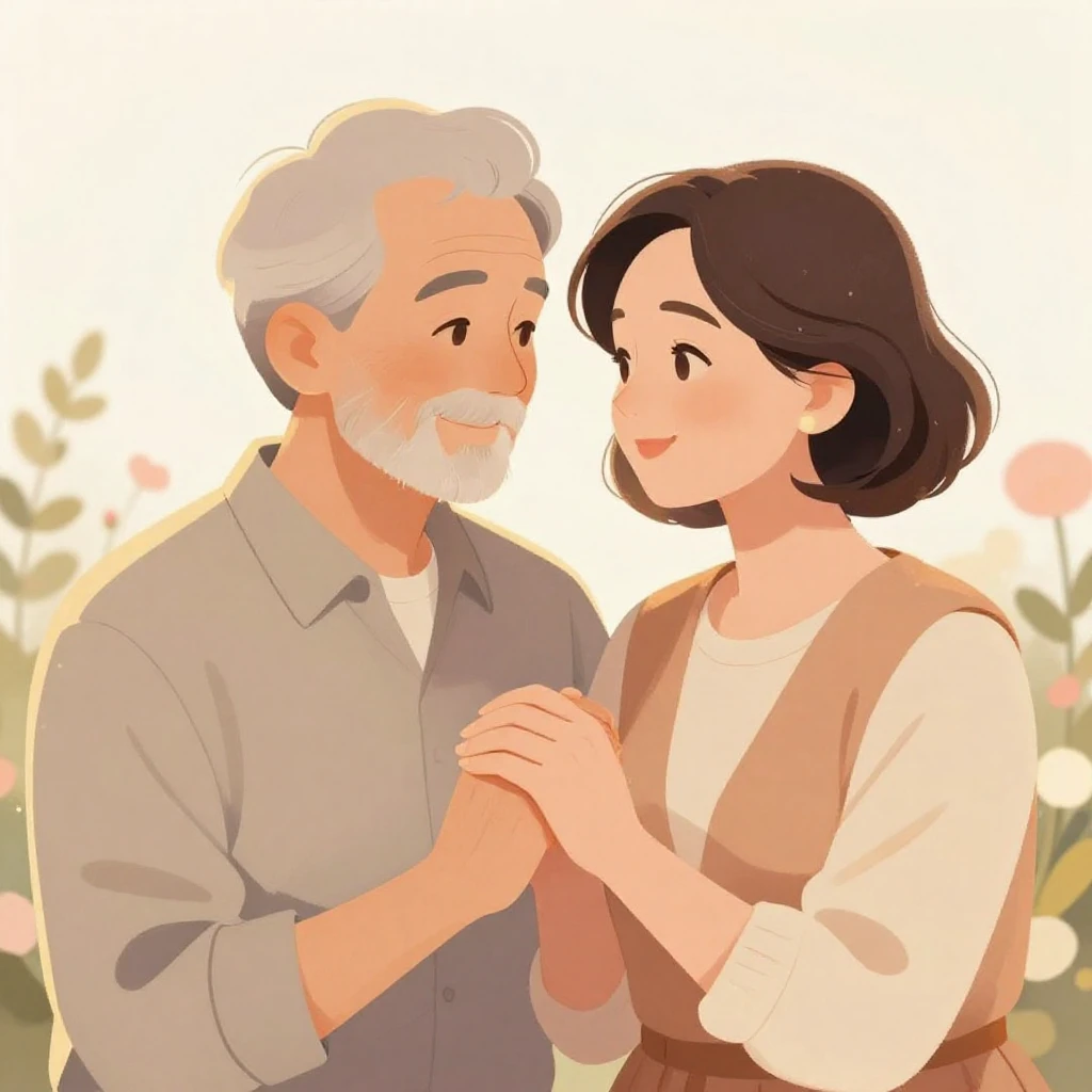 A beautiful illustration of a loving older couple, perhaps h...