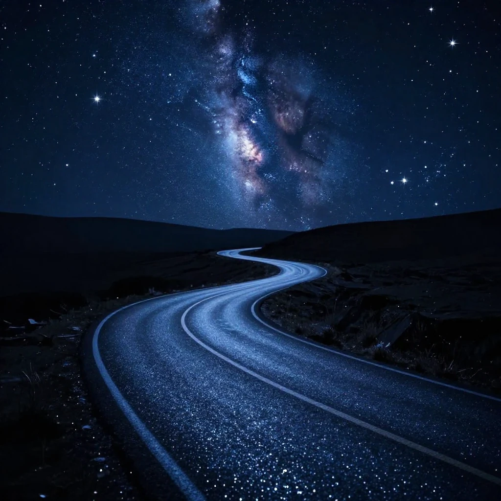 A winding road covered in shimmering stardust under a night ...